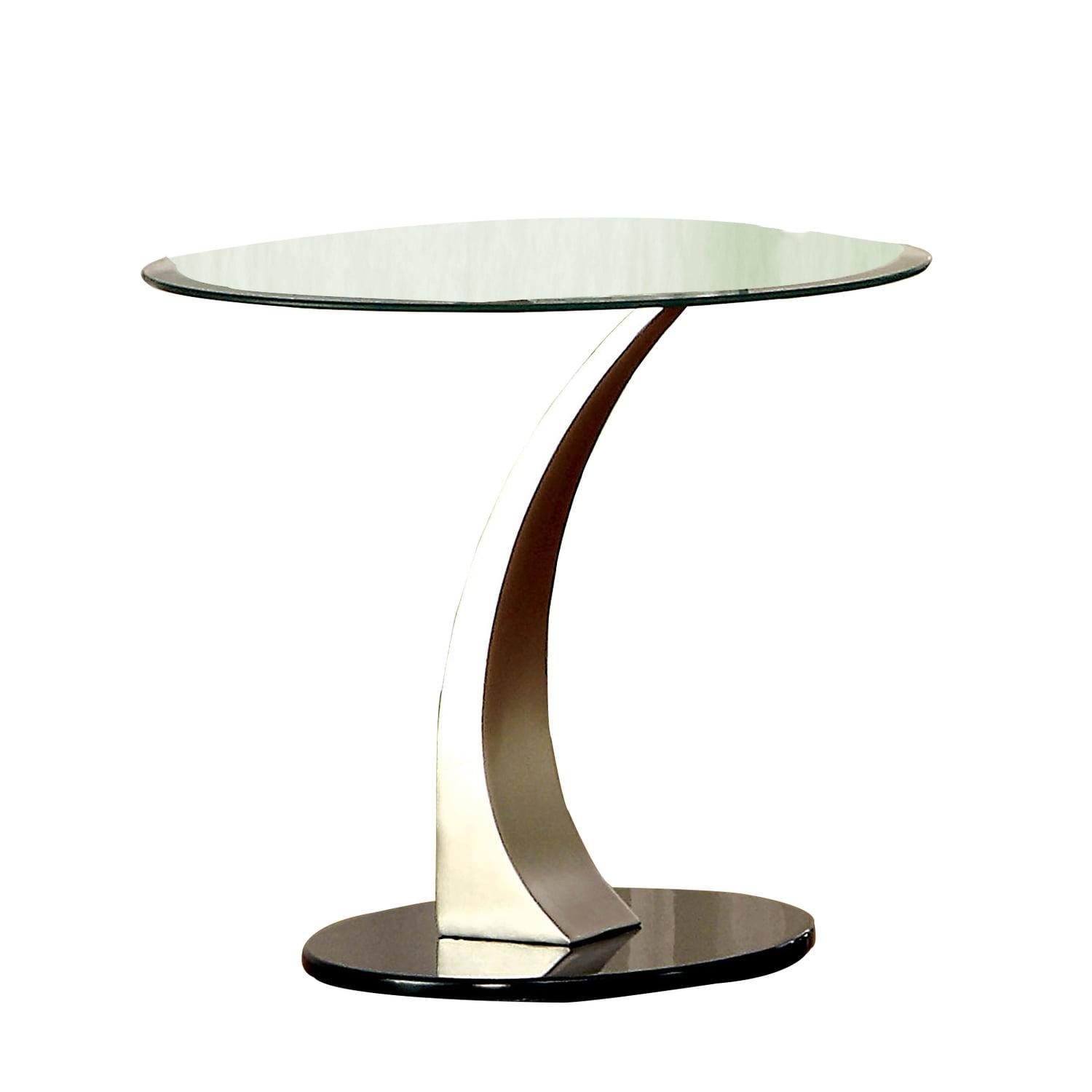 Round Glass Top End Table with Silver Curved Base