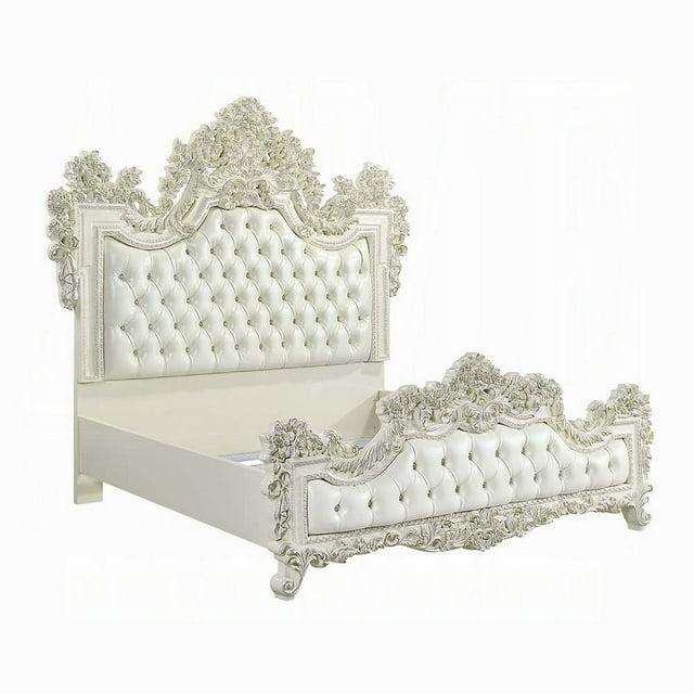 Benjara Rox King Size Bed, White Faux Leather Victorian Carved, Vintage White