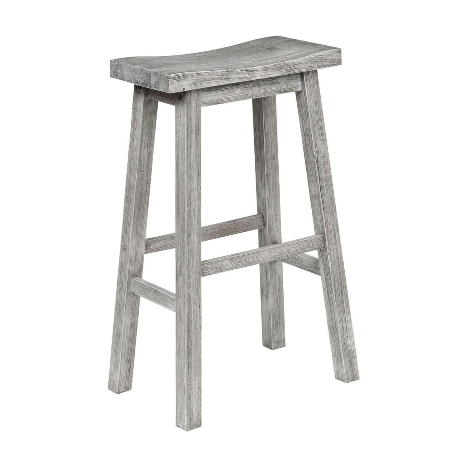 Benjara Saddle Design Wooden Barstool with Grain Details, Gray