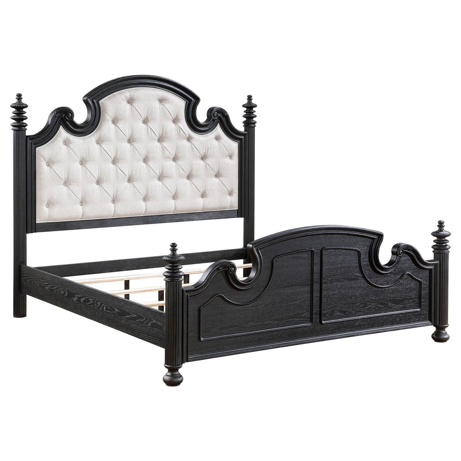 Benjara Selena King Size Poster Bed, Classical White Tufted Upholstery, Black