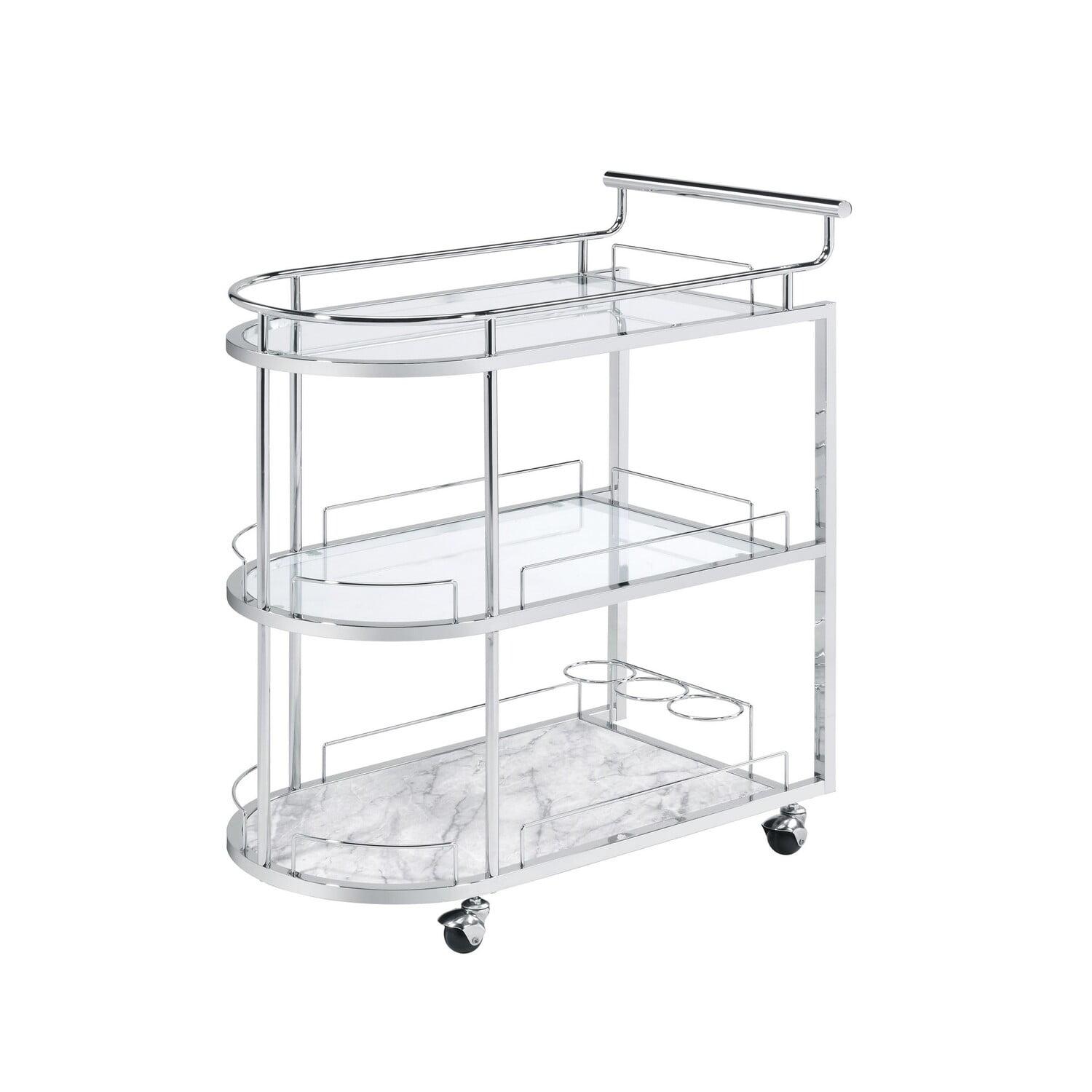 Serving Cart with Oval Shape and Metal Bar Handle Silver