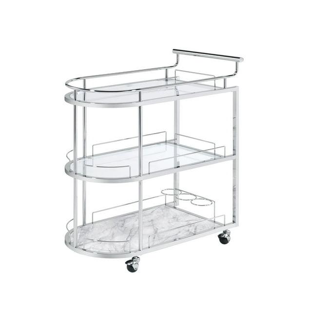 Serving Cart with Oval Shape and Metal Bar Handle Silver