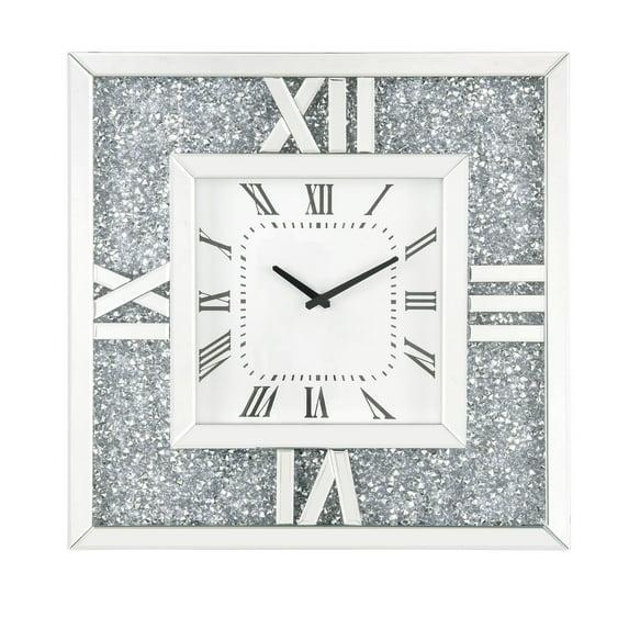 Benjara Square Mirror Panel Frame Wall Clock with Faux Diamond, Silver