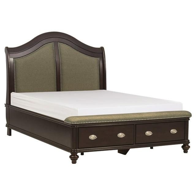 Benjara Stoe Queen Sleigh Bed, Padded Headboard, Storage Footboard, Brown Wood