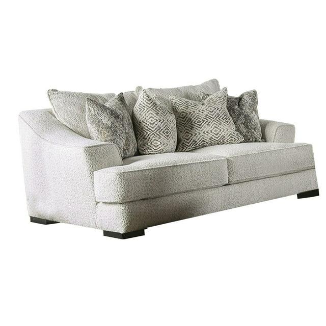 Benjara Syma Loveseat, Ivory Boucle, 4 Throw Pillows, Track Arms, 84 Inch