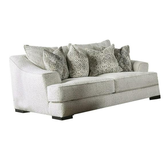 Benjara Syma Loveseat, Ivory Boucle, 4 Throw Pillows, Track Arms, 84 Inch