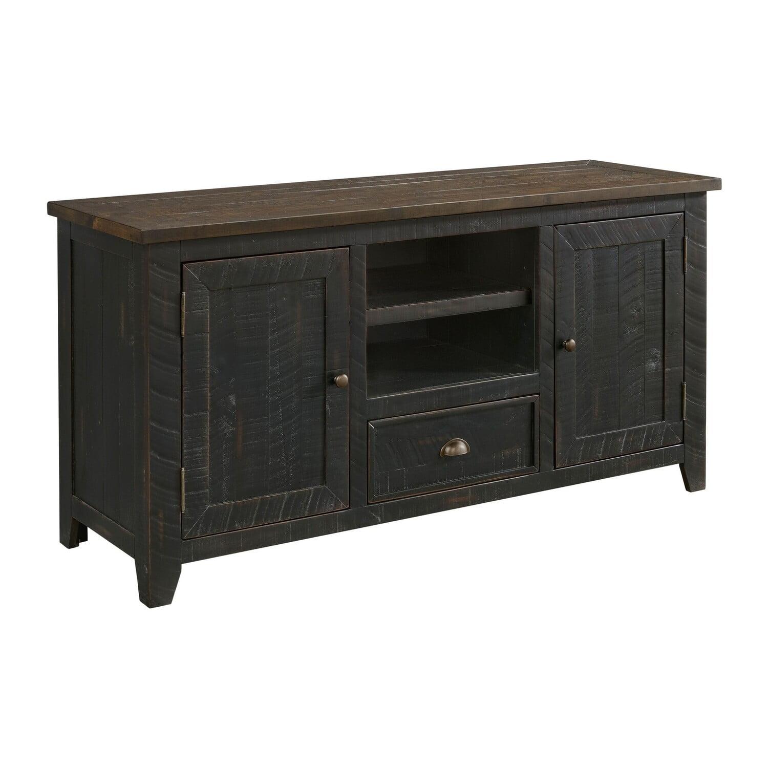 Transitional Black and Brown Pinewood 65" TV Stand with Cabinets