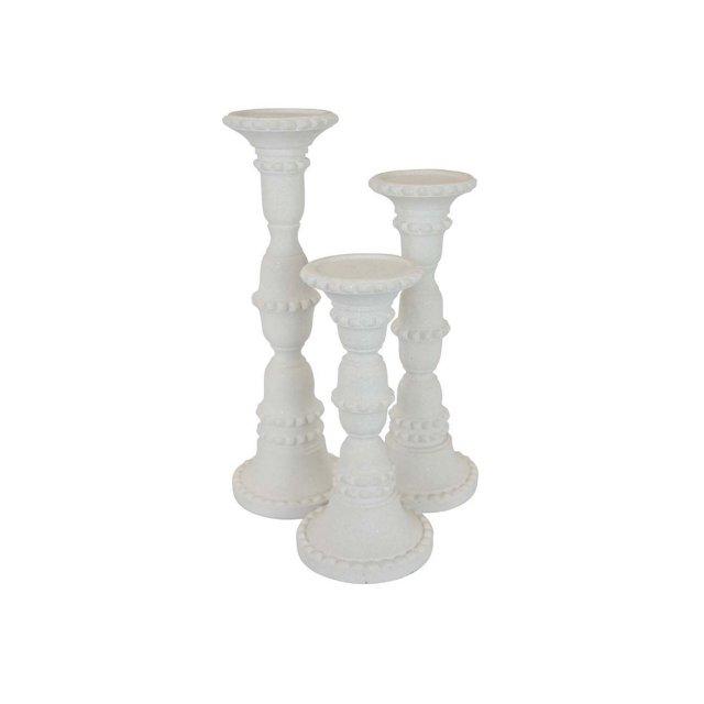 Benjara Accent Candle Holder Set of 3, Tall Pillars, Heavy Base, White Resin