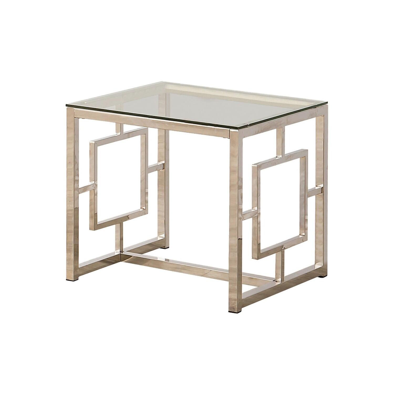 Benjara Tempered Glass Top End Table with Lattice Cut Out Panels, Silver and Clear