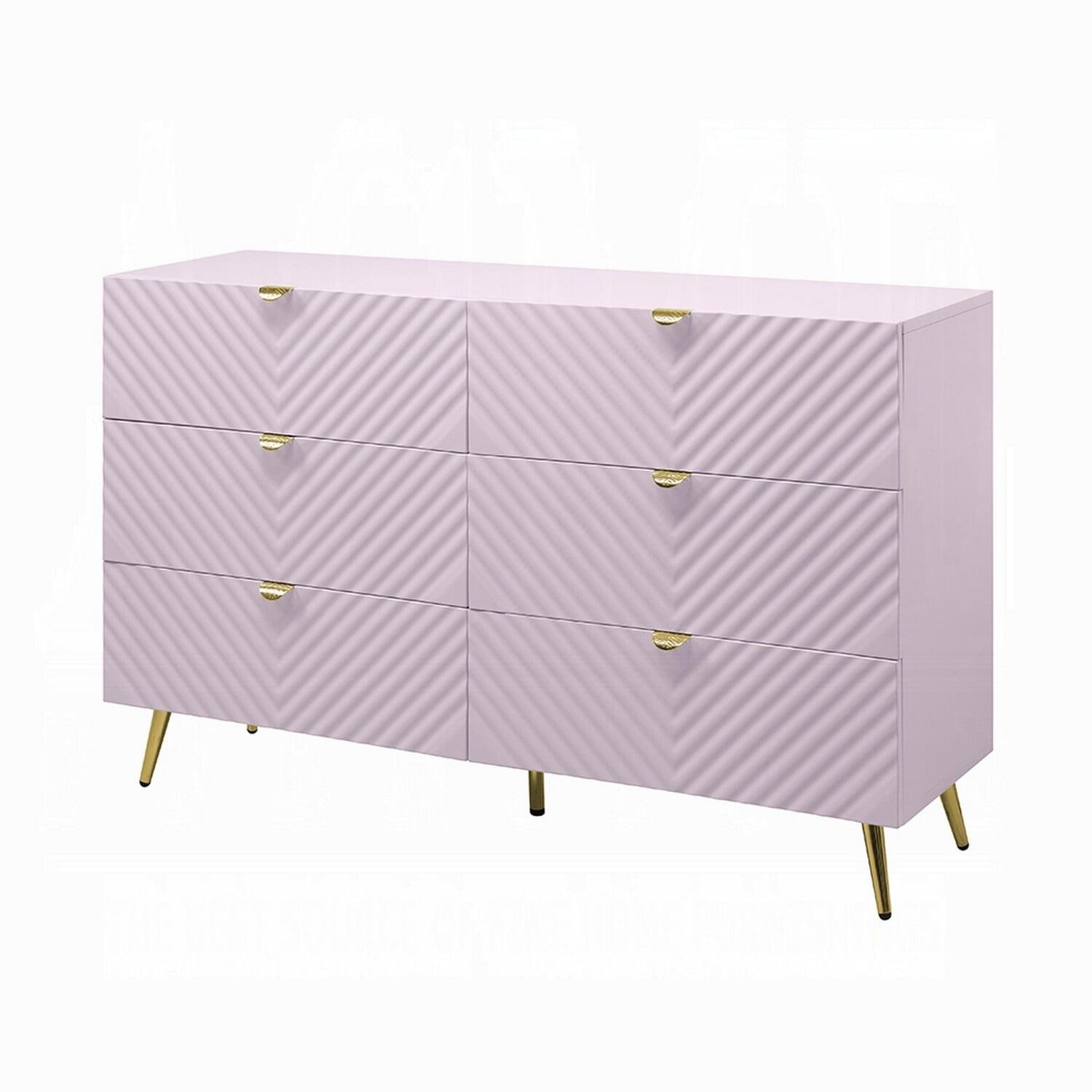Benjara Tyra Wide Dresser, 6 Drawers, Gold Legs, Gloss Pink Chevron Pattern