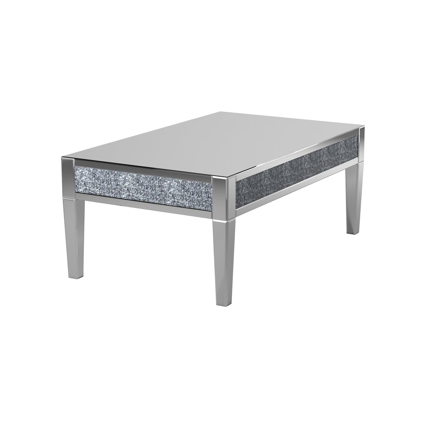 Elegant Rectangular Wood and Glass Coffee Table with Mirrored Finish and Faux Crystal Inlay