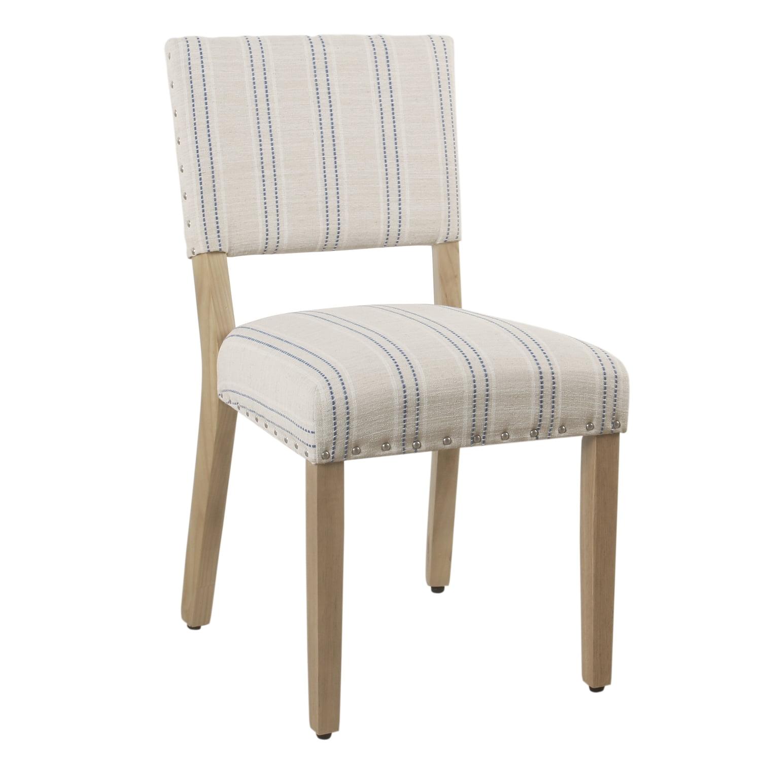 Wooden Dining Chair with Striped Pattern Fabric Cushioned Seat, Blue & White - Set of 2
