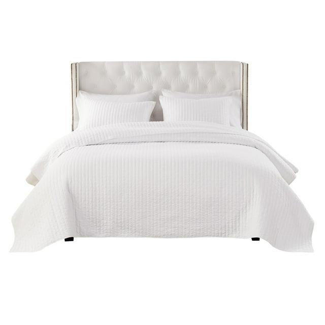 Benjara Xumi 3pc Cal King Quilt and Pillow Sham Set, Channel Style Antique White