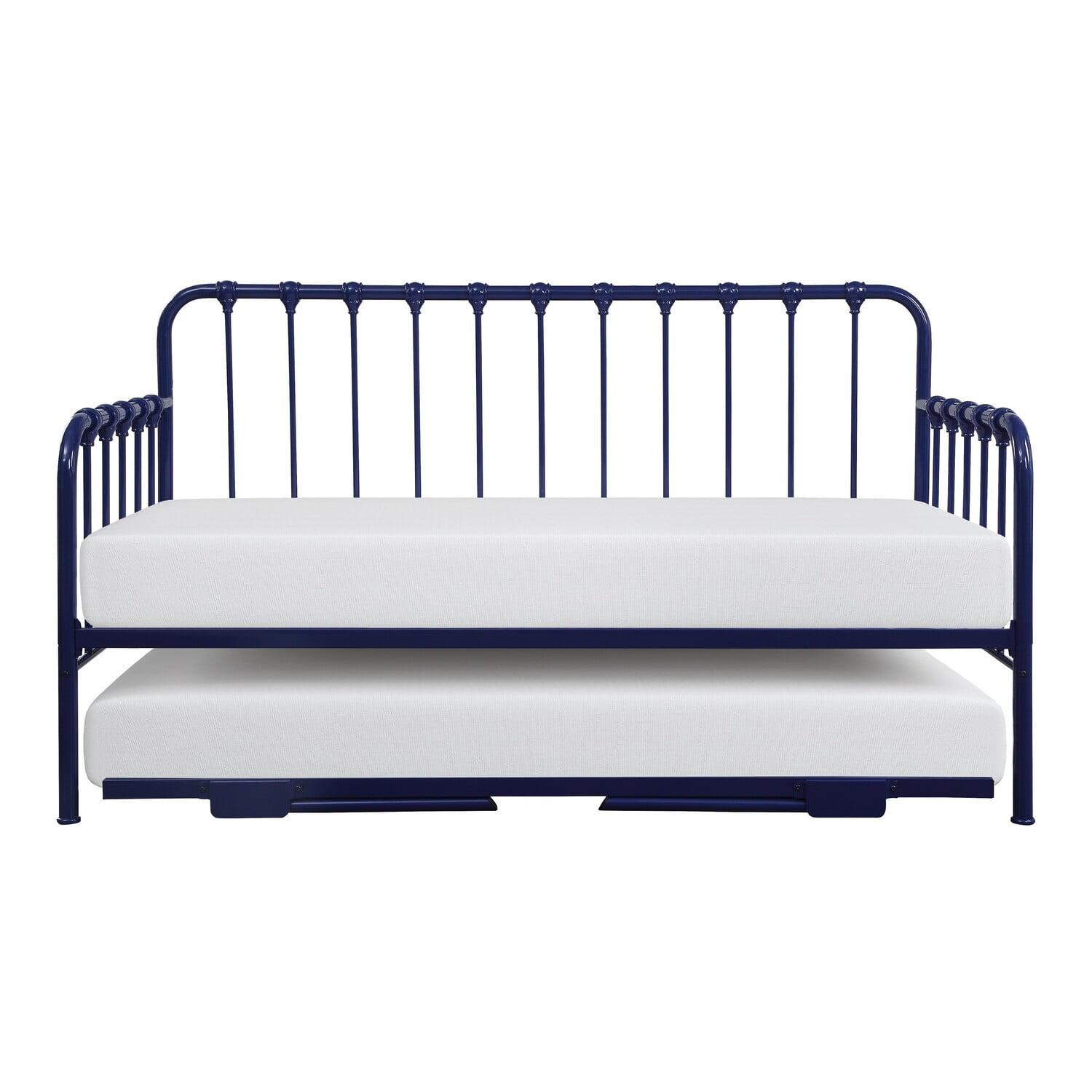 Benjara Ziva Daybed with Lift Up Trundle, Navy Blue Metal Frame, Folding Legs