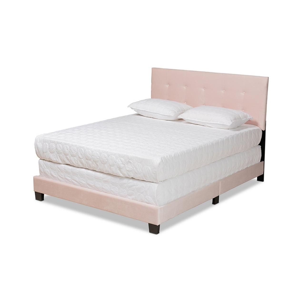 Light Pink Velvet Upholstered Queen Bed with Tufted Headboard