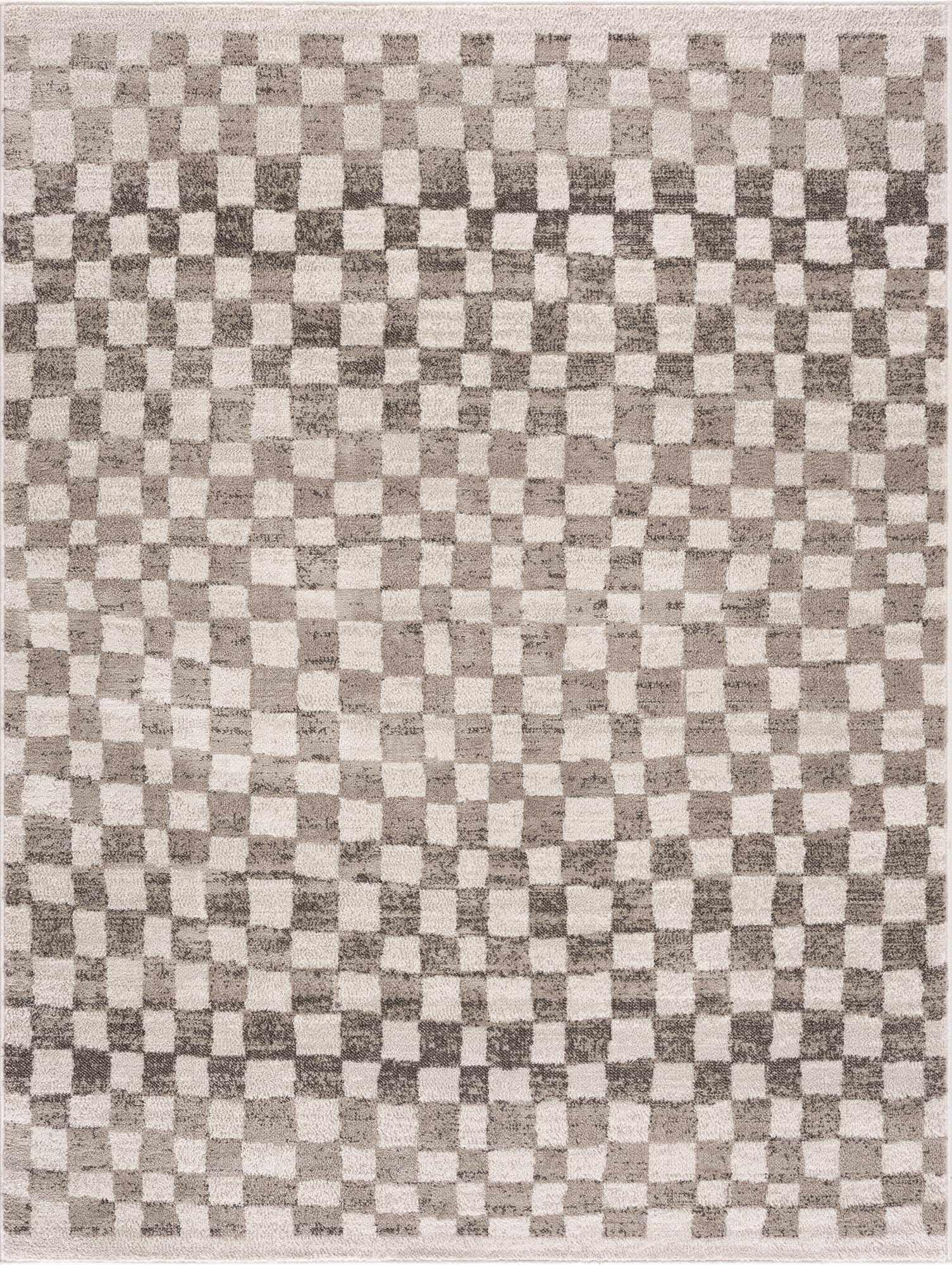 Hauteloom Pertek Checkered Tile Living Room Bedroom Dining Room Area Rug - Bohemian Boho Carpet - Square Tile Farmhouse - Brown, Beige, Cream - 7'10" x 10'