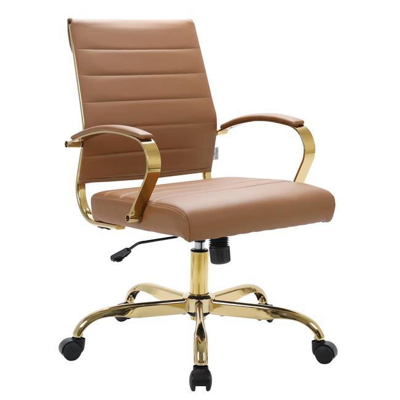 Mid-Century Swivel Office Chair in Brown Faux Leather and Gold Metal