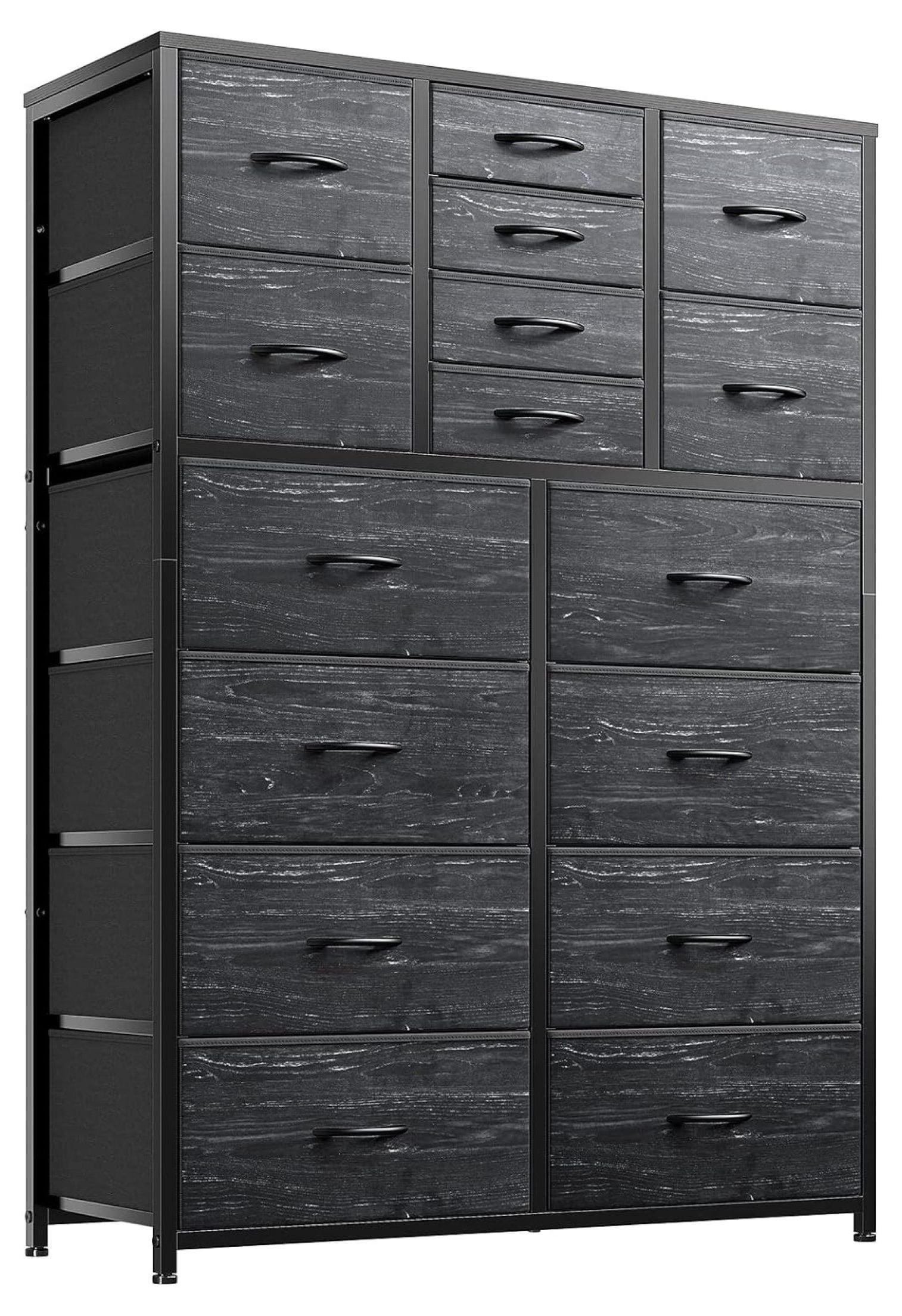 Tall Black Wood and Metal 16-Drawer Dresser with Levelers