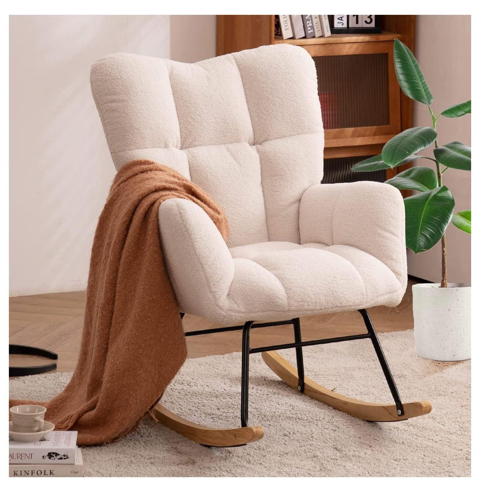 Glider Rocking Chair for Nursery, Leather Soft Upholstered Glider Rocker Armchair with High Backrest Accent Chairs for Nursery, Living Room, Bedroom