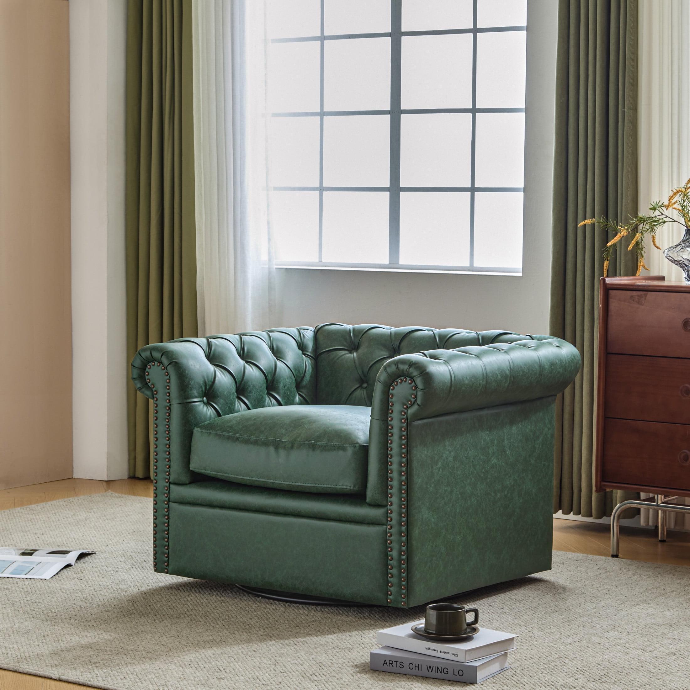 Christopher Knight Home Andrew Upholstered Button Tufted Swivel Club Chair with Roll Arms, Dark Green