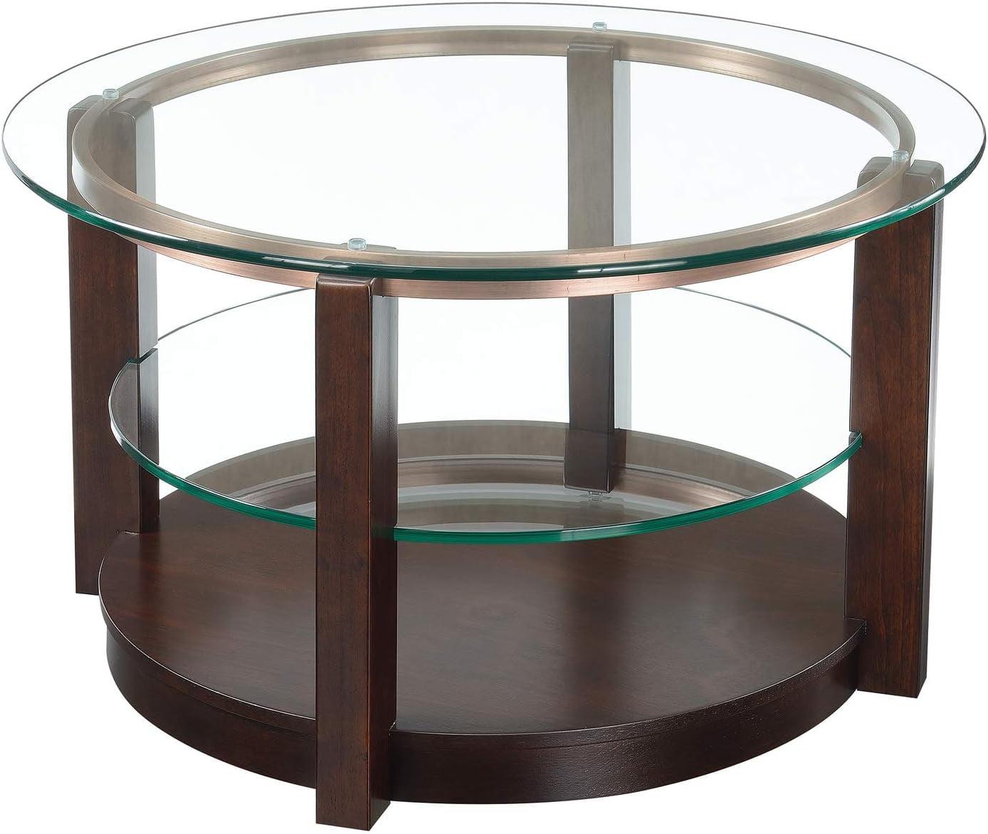 Espresso Round Wood and Glass Coffee Table with Interior Shelf