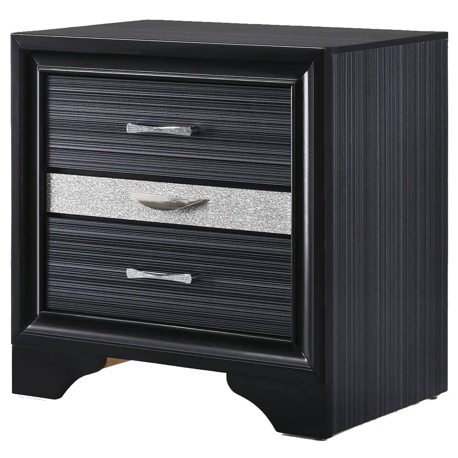 Black and Silver 3-Drawer Engineered Wood Nightstand