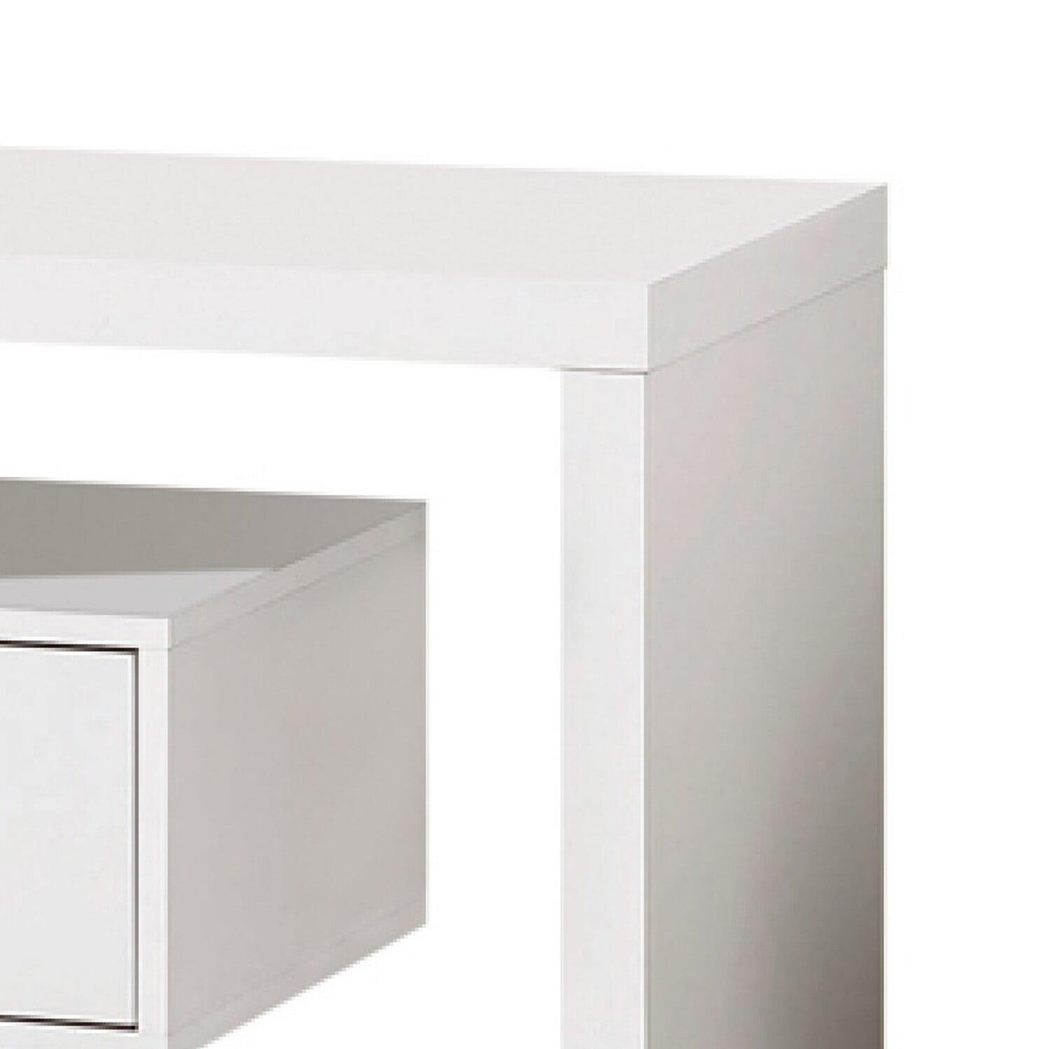 Sleek White Wood TV Console with Open Shelves and Storage Drawers