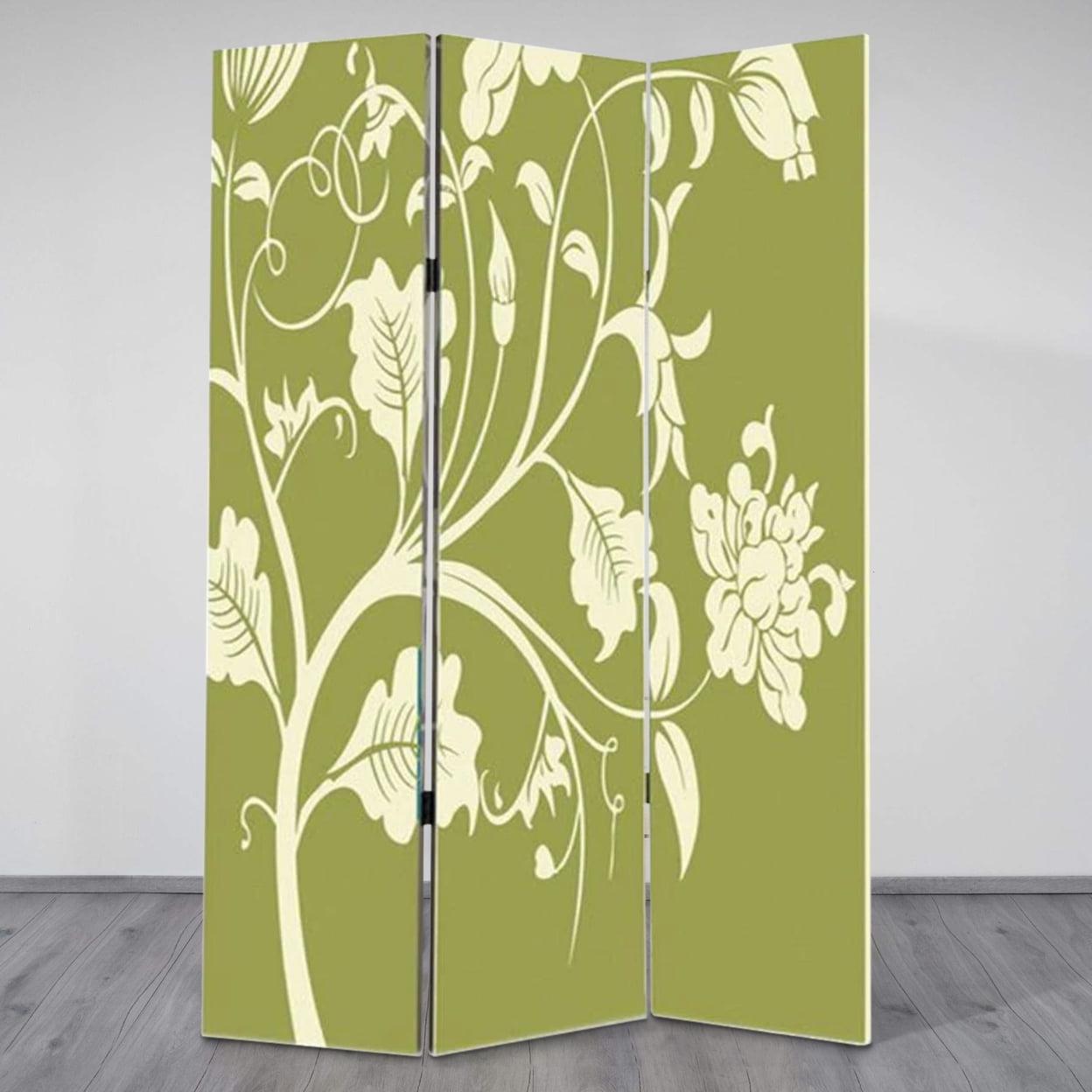 Cream and Green Floral 3-Panel Folding Room Divider