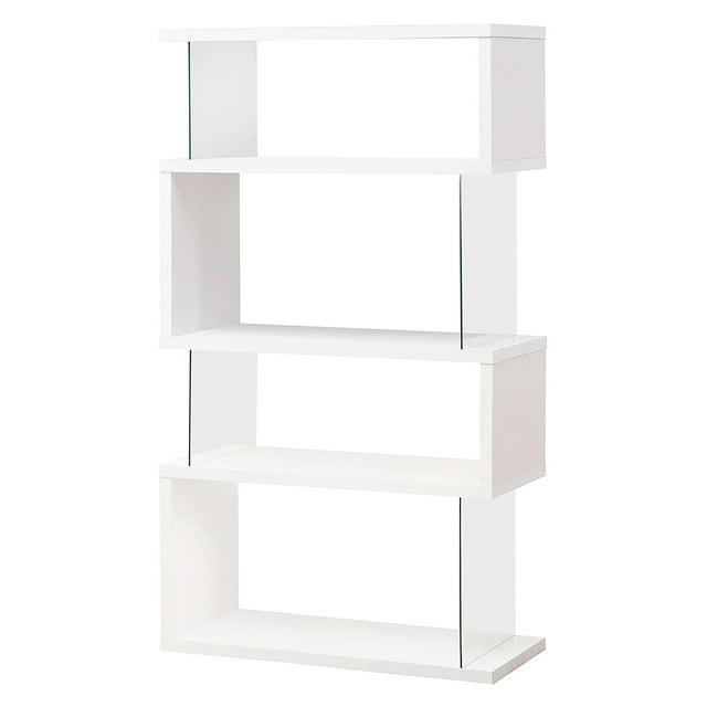 Benzara 3-Shelf Wood Bookcase with Tempered Glass Sides in Glossy White