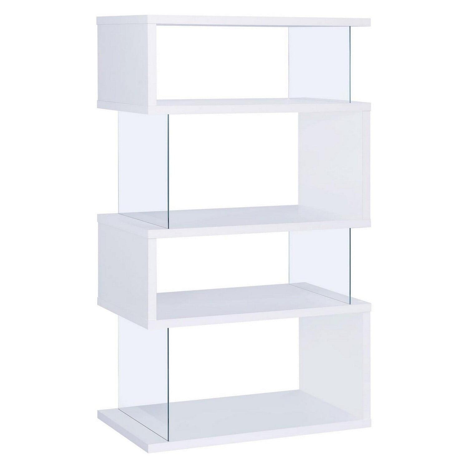 Benzara 3-Shelf Wood Bookcase with Tempered Glass Sides in Glossy White