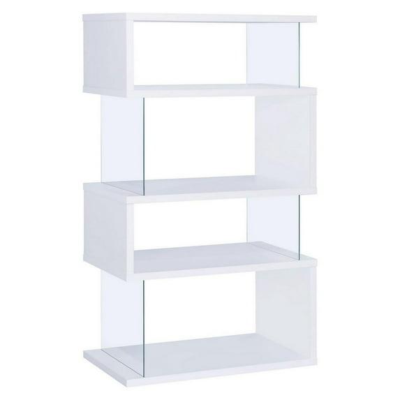 Benzara 3-Shelf Wood Bookcase with Tempered Glass Sides in Glossy White