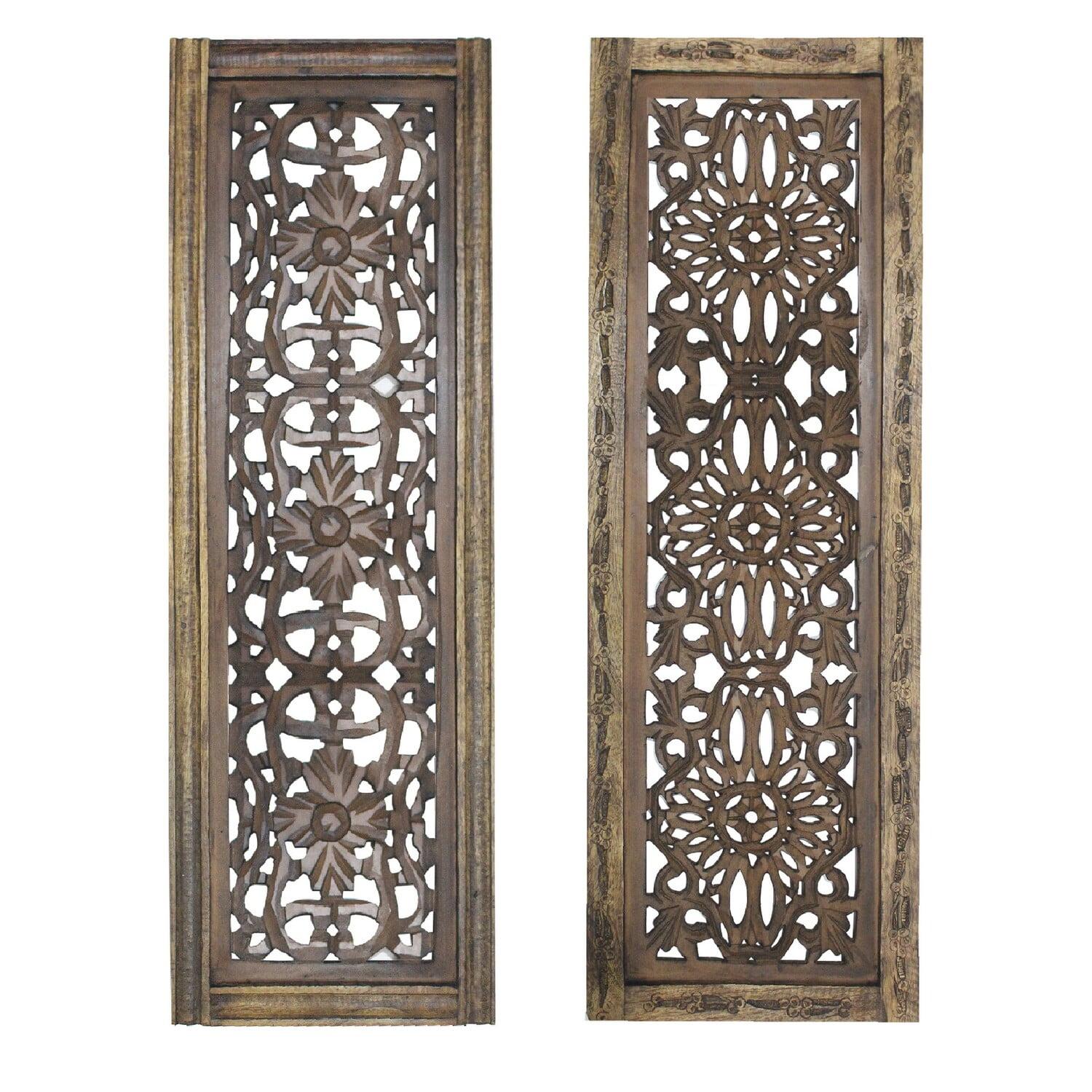 Rustic Brown Hand Carved Wooden Wall Panels, Set of Two