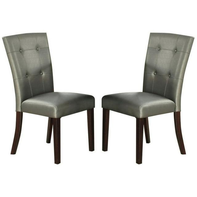 BenJara Button Tufted Faux Leather Wooden Dining Chair, Set Of 2,Silver