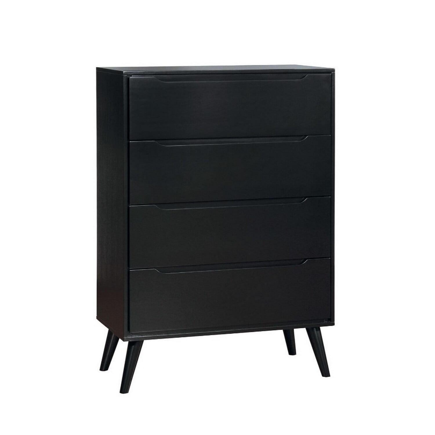 Benzara 4 Drawer Wooden Chest With Round Tapered Legs, Black