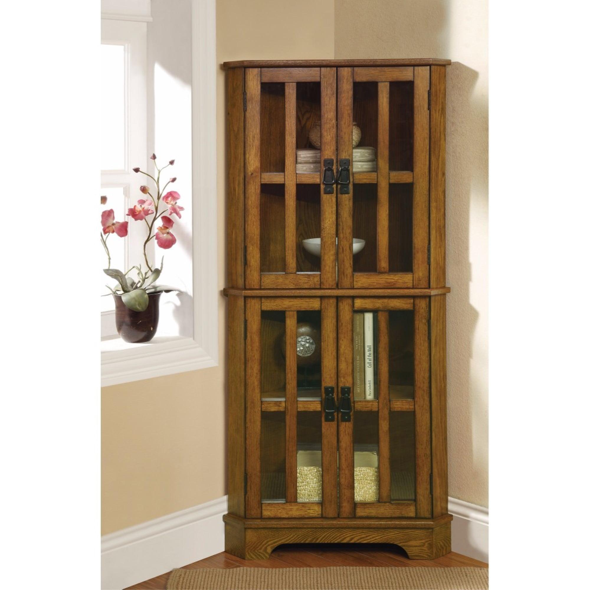 Corner Curio Cabinet With Windowpane Style Door Fronts, Brown