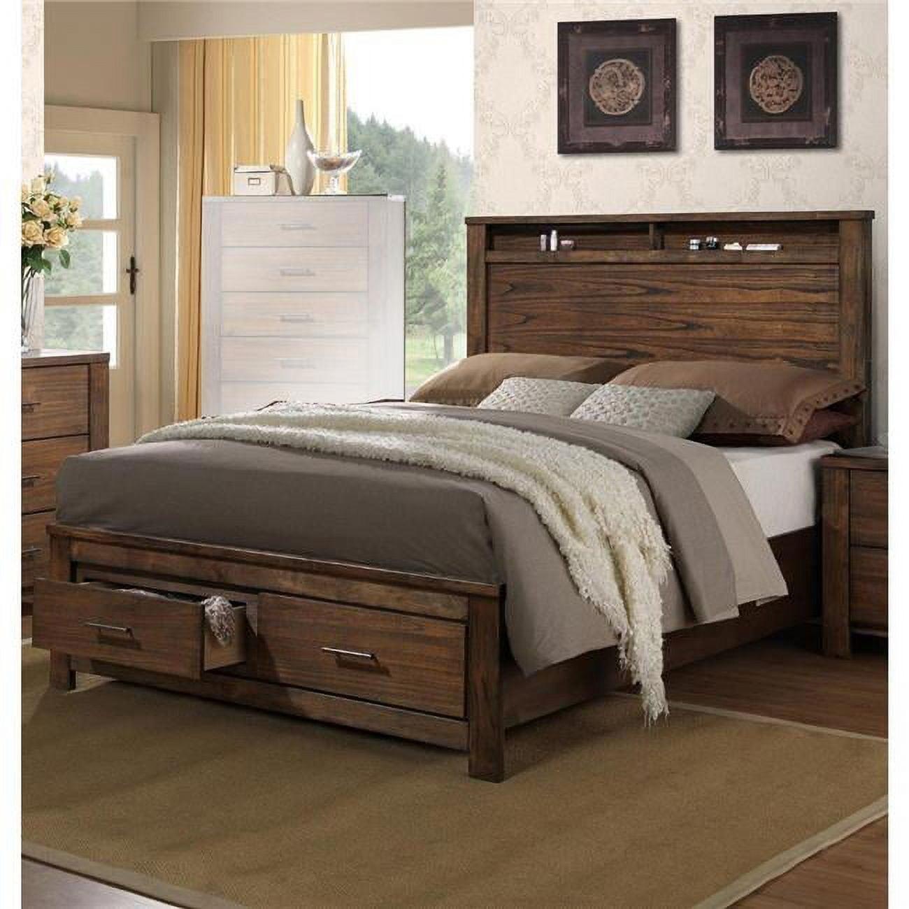 Modern Oak Queen Bed with Storage Drawers and Wood Headboard