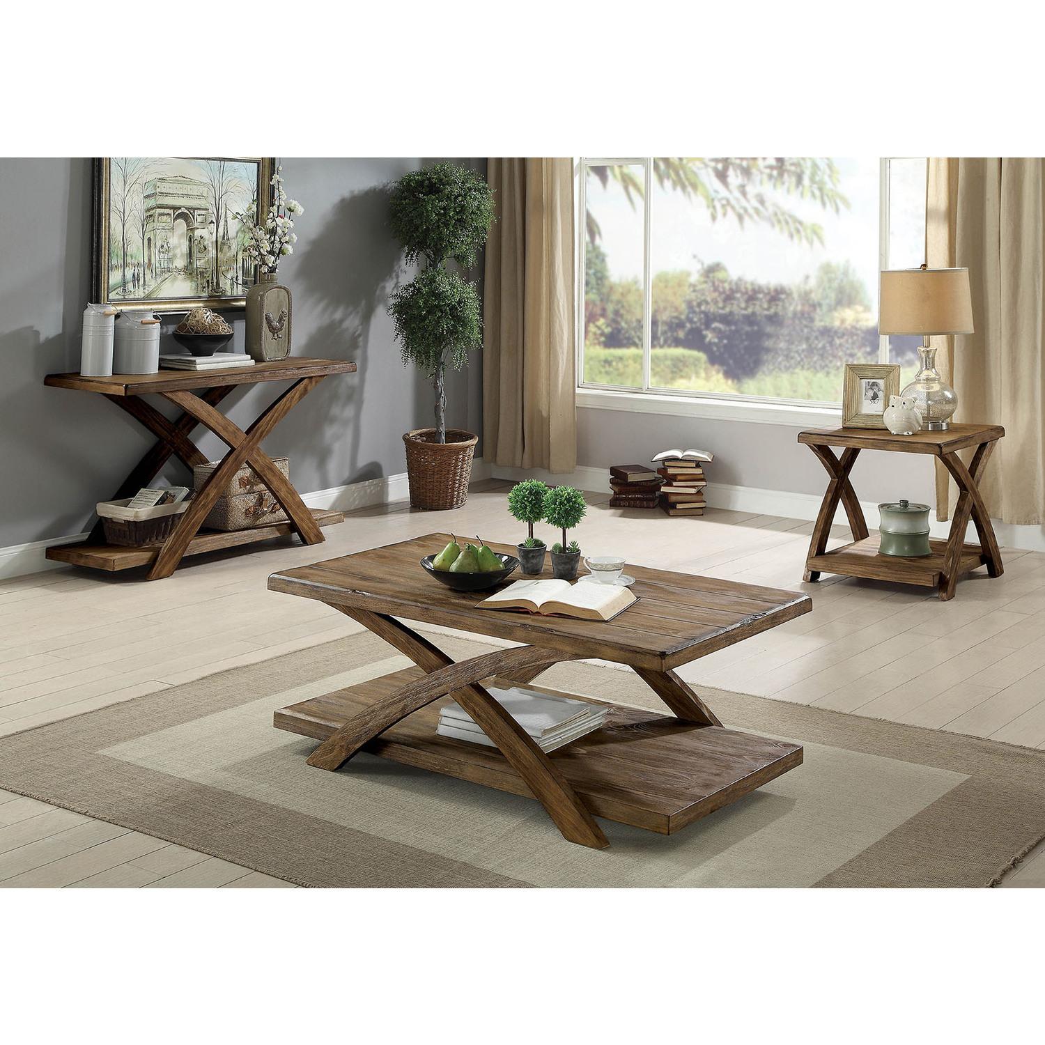Benjara Transitional Style Wooden 3 Piece Table Set with X Shaped Table Base, Light Oak