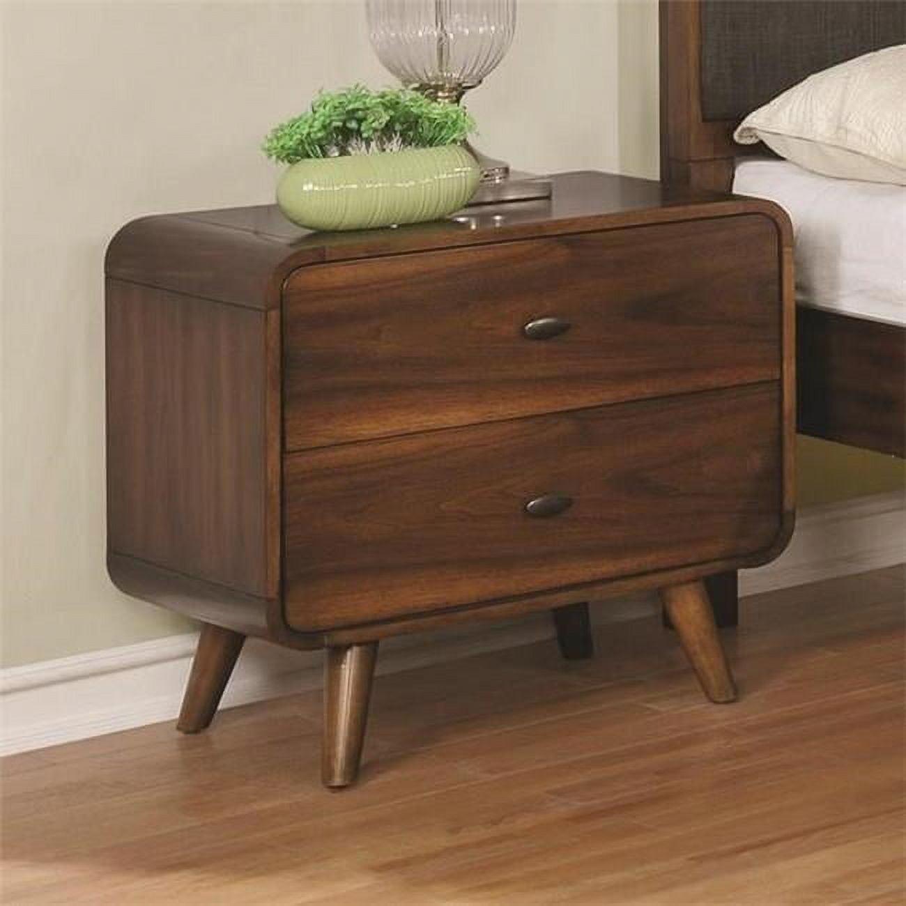 Dark Walnut Brown Mid-Century Modern 2-Drawer Nightstand