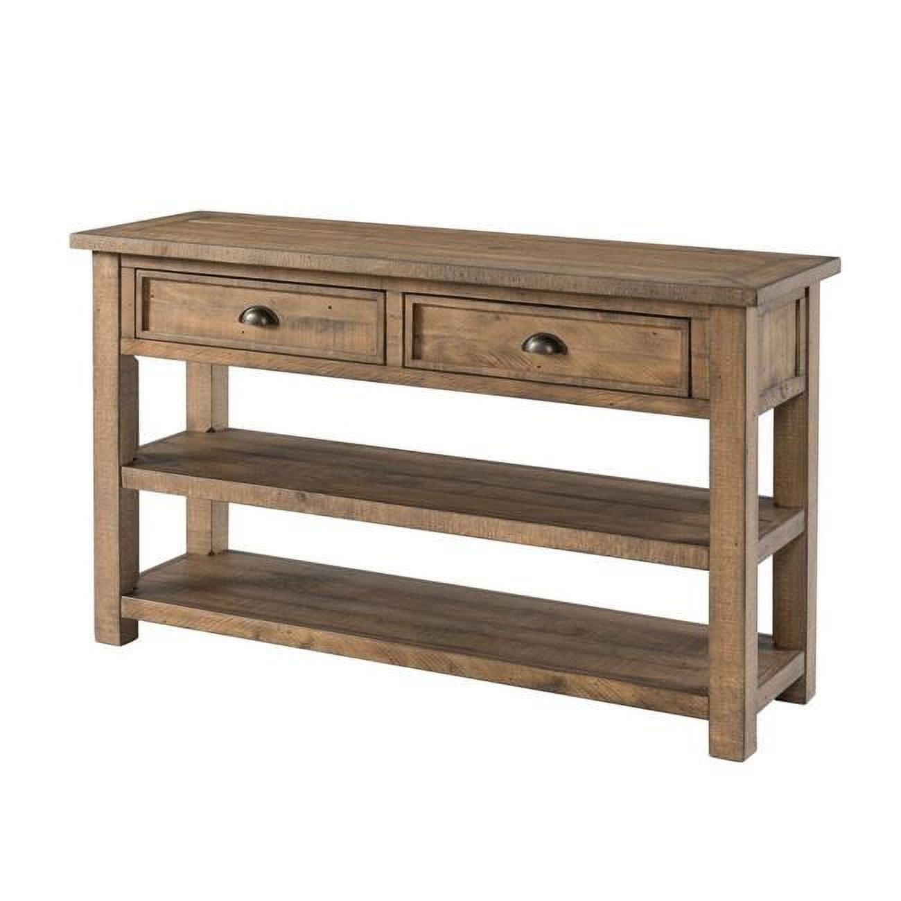 Coastal Brown Pine Wood Console Table with Metal Accents and Storage