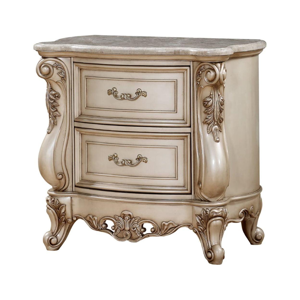 Benzara BM207490 2 Drawer Nightstand with Raised Scrolled Floral Moulding, White