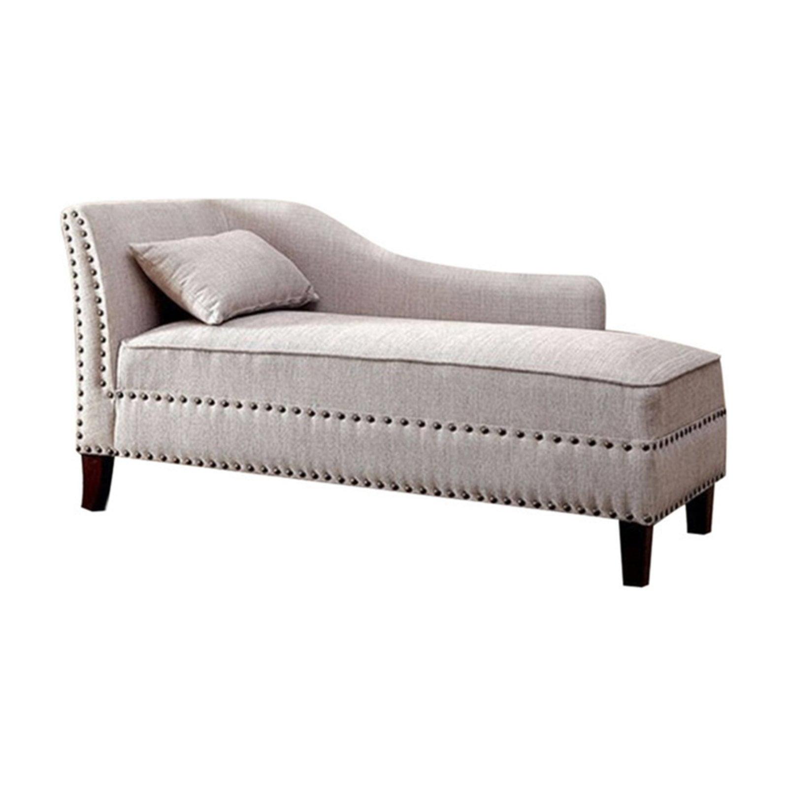 Elegant Beige Linen and Wood Chaise Lounge with Nailhead Accents