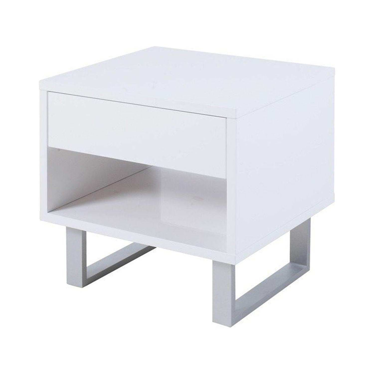 Contemporary Glossy White Solid Wood End Table with Metallic Storage Base