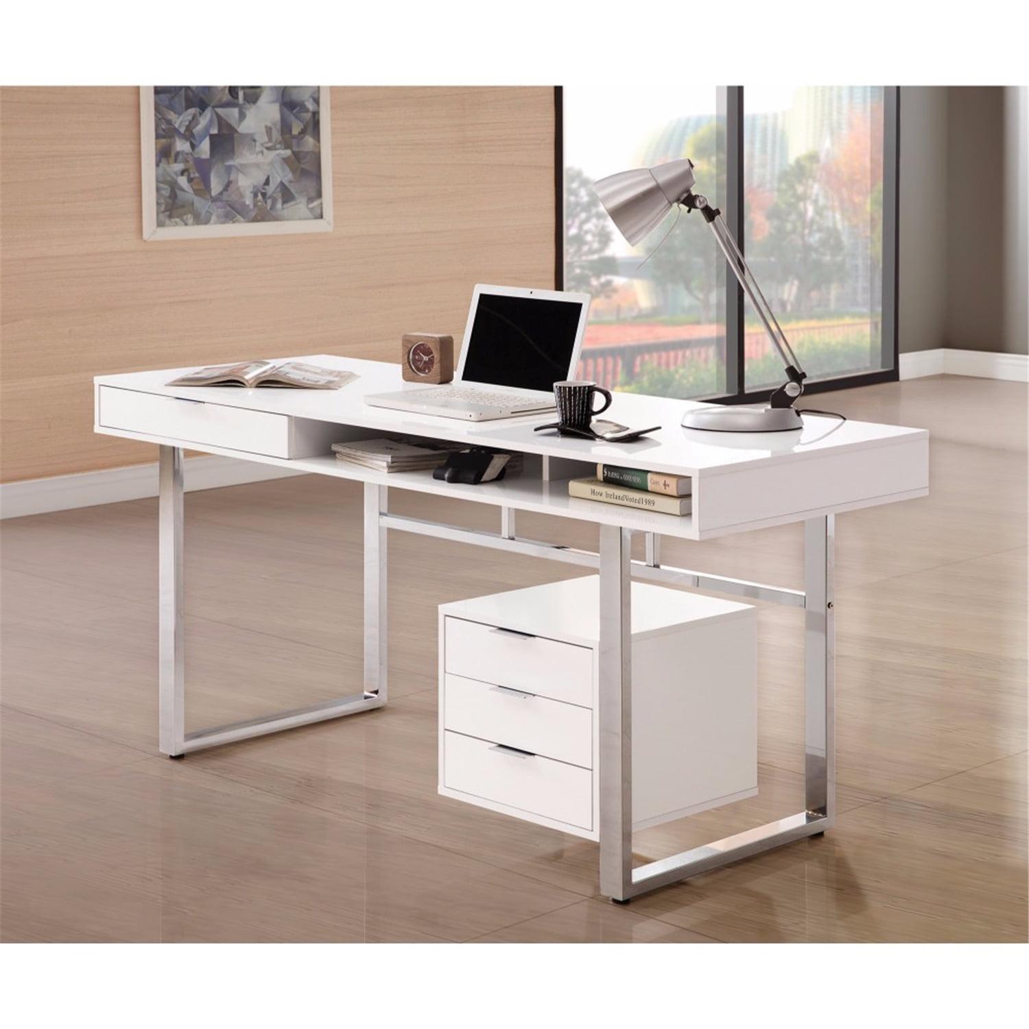 Glossy White Solid Wood Writing Desk with Chrome Accents