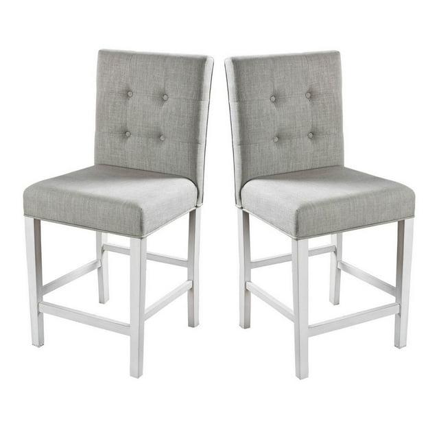 Fabric Upholstered Solid Wood Counter Height Chair, White and Gray, Pack of Two
