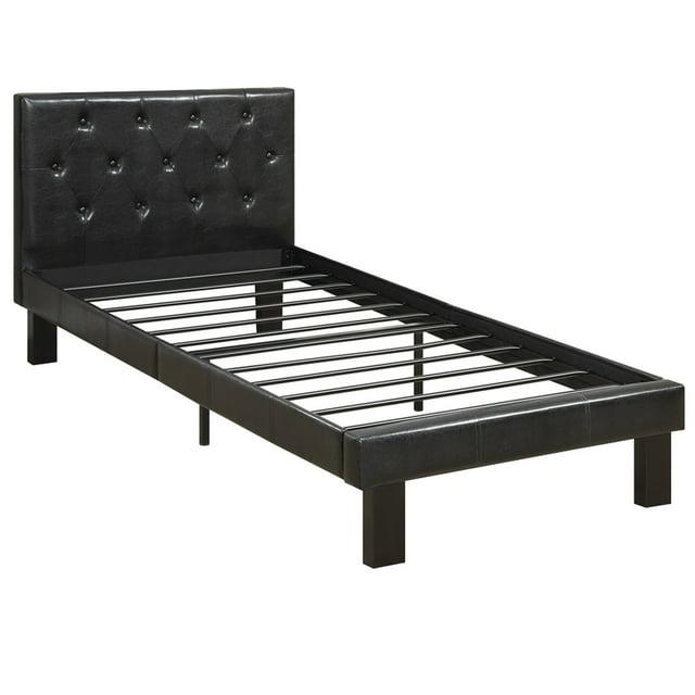 Benzara Faux Leather Upholstered Twin size Bed with tufted Headboard, Black