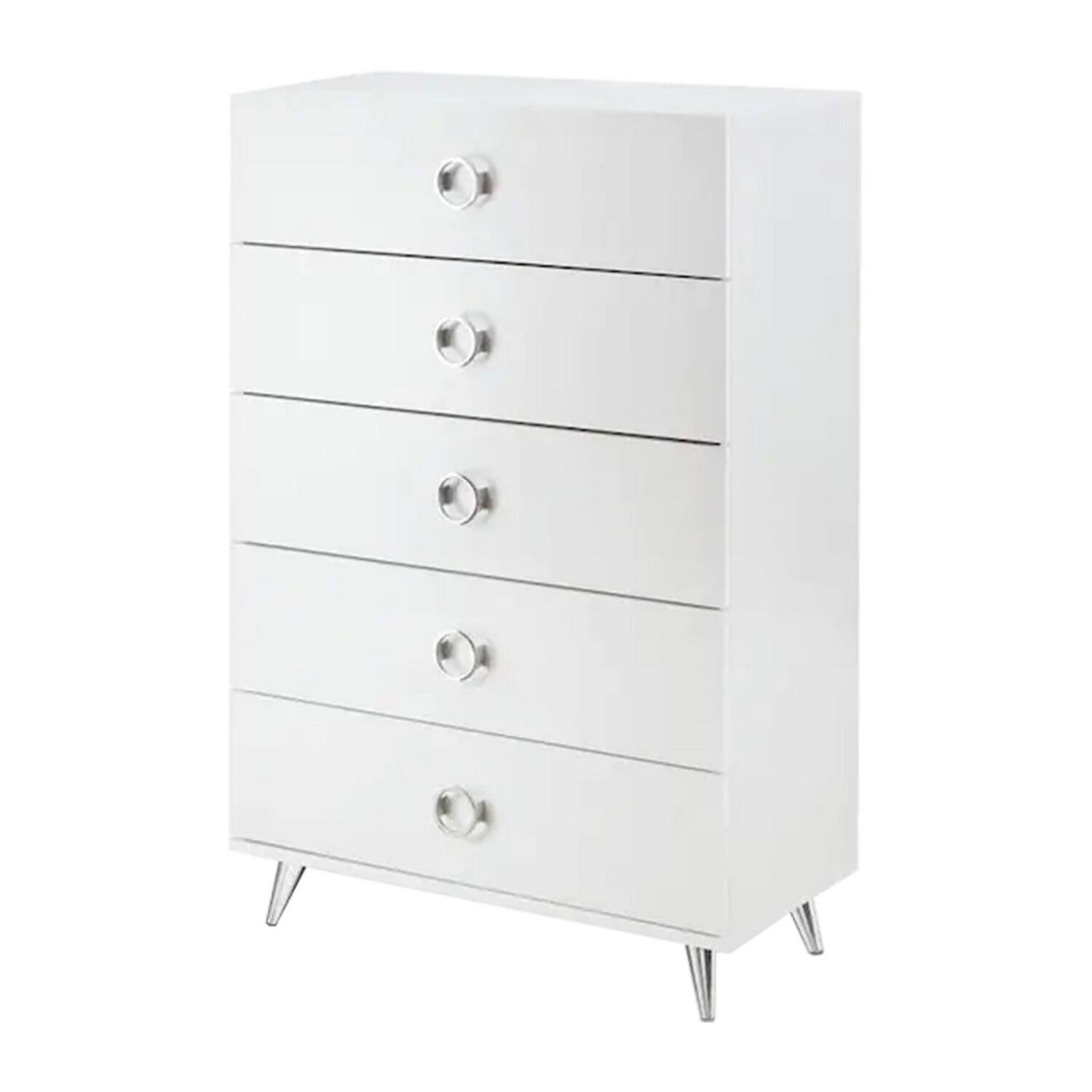 Contemporary White 5-Drawer Chest with Silver Tapered Legs