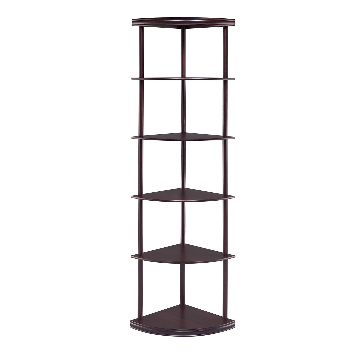 Benjara Illuminating corner bookcase with five pie shaped shelves, Brown-Color:Dark Brown