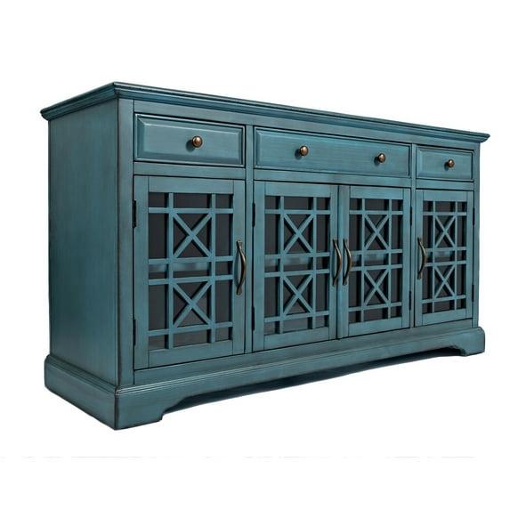 Benzara Koi 60 Inch Acacia Wood TV Media Entertainment Center Console, 4 Glass Doors, Crossed Wood Design, Antique Blue-Finish:Antique Turquoise