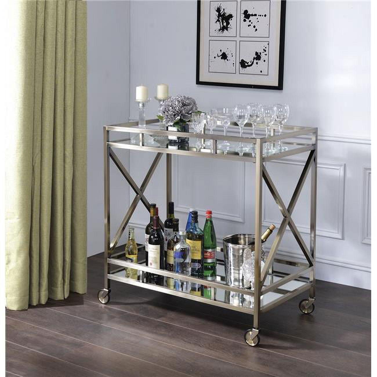 Benzara Metal Framed Two Tier Serving Cart with X Shaped Side Panels, Mirrored, Antique Gold