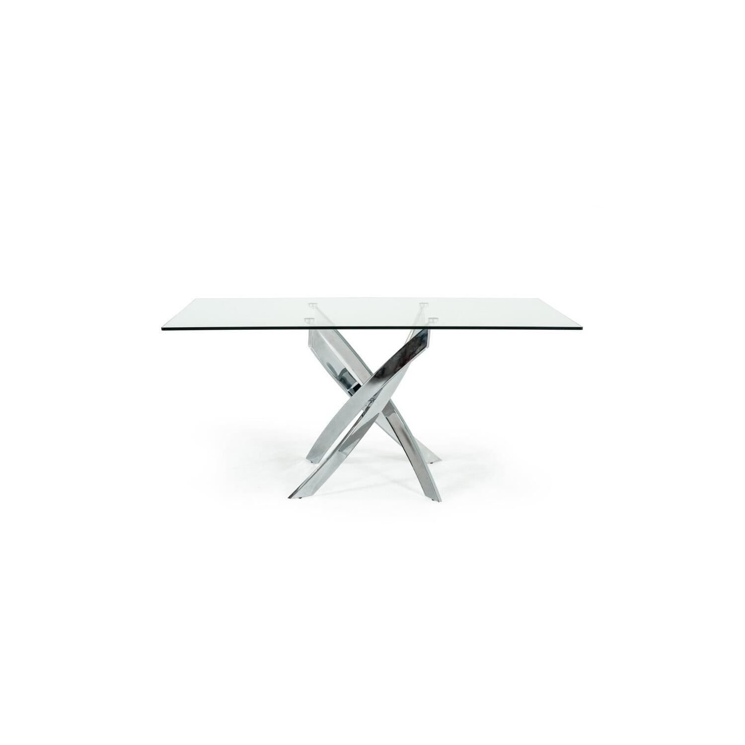 Metal and Glass Rectangular Dining Table with Entwining Legs, Silver and Clear